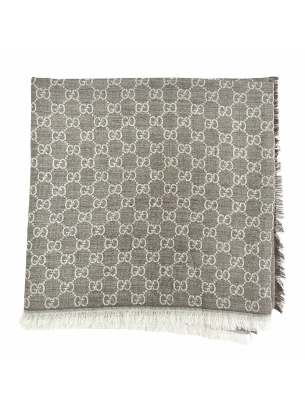 Gucci Wool Silk GG Pattern Fringe Large Shawl Brown Scarf